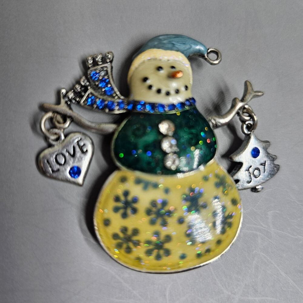 Kenneth Cole Enamel Snowman Blue Rhinestone Love Joy Charm Dangle Brooch Pin Vtg